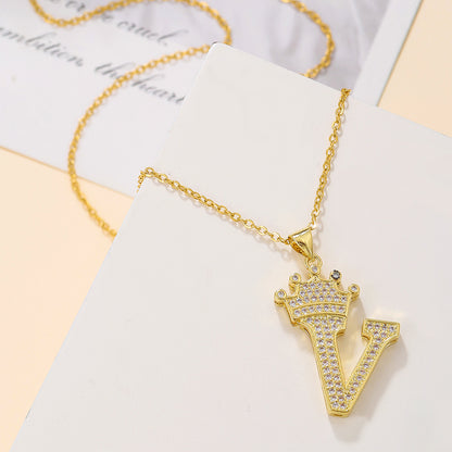 Elegant Simple Style Classic Style Letter Crown Stainless Steel Copper Plating Inlay Zircon 18k Gold Plated Pendant Necklace