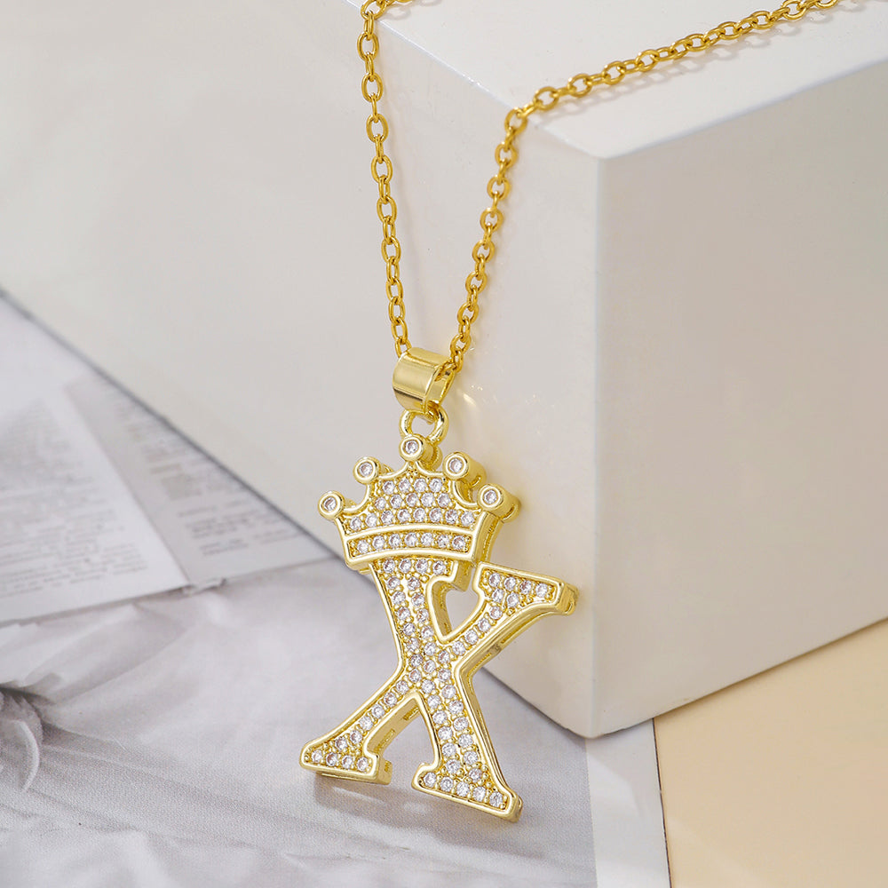 Elegant Simple Style Classic Style Letter Crown Stainless Steel Copper Plating Inlay Zircon 18k Gold Plated Pendant Necklace