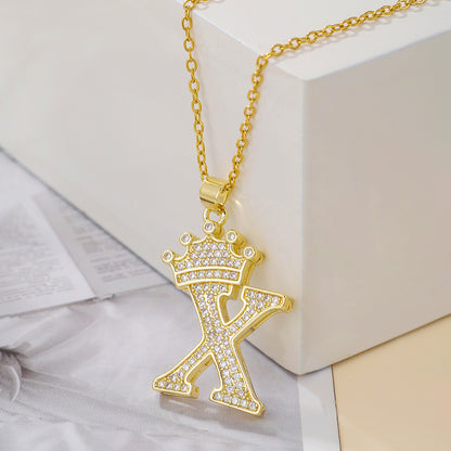 Elegant Simple Style Classic Style Letter Crown Stainless Steel Copper Plating Inlay Zircon 18k Gold Plated Pendant Necklace