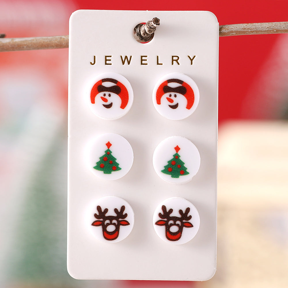 3 Pairs Cute Christmas Tree Snowman Elk Arylic Ear Studs