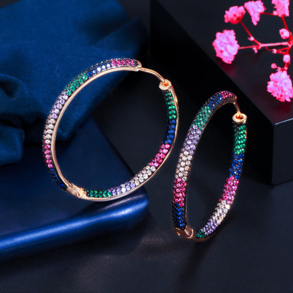 1 Pair Elegant Circle Color Block Plating Inlay Copper Zircon Rhodium Plated Silver Plated Hoop Earrings