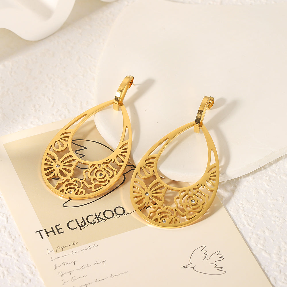 1 Pair Retro Exaggerated Flower Butterfly Plating Inlay Stainless Steel Rhinestones 18k Gold Plated Drop Earrings