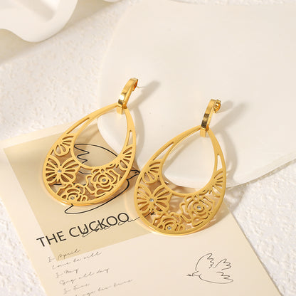 1 Pair Retro Exaggerated Flower Butterfly Plating Inlay Stainless Steel Rhinestones 18k Gold Plated Drop Earrings