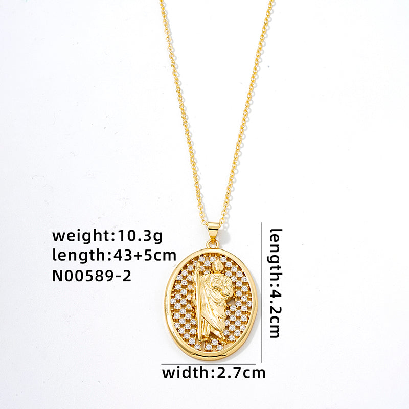 Vintage Style Oval Statue Copper Plating Inlay Zircon Pendant Necklace