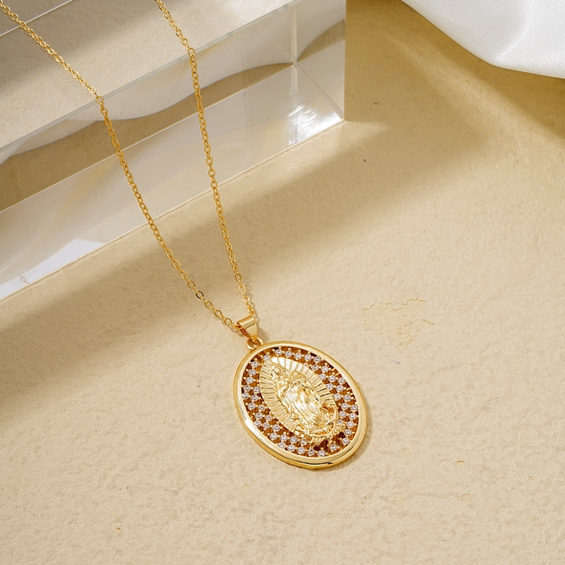 Vintage Style Oval Statue Copper Plating Inlay Zircon Pendant Necklace