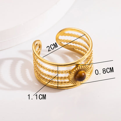 Casual Elegant Simple Style Round Sun Stainless Steel Titanium Steel Plating Inlay Natural Stone 18k Gold Plated Rings