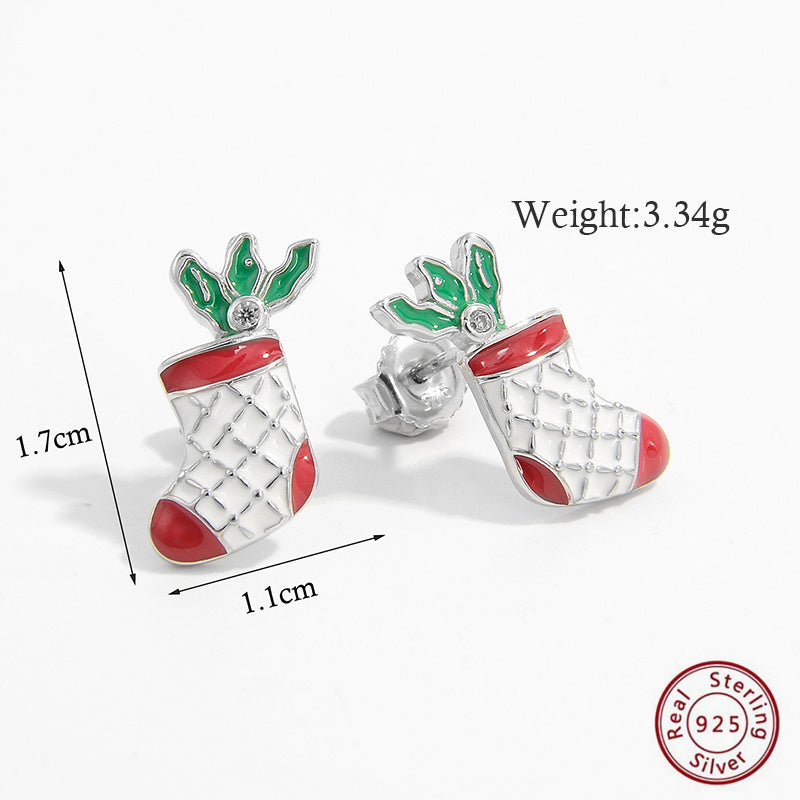 1 Pair Cute Christmas Hat Christmas Socks Epoxy Plating Inlay Sterling Silver Zircon White Gold Plated Rhodium Plated Ear Studs