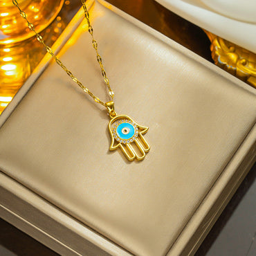 Wholesale Vintage Style Devil's Eye Hand Titanium Steel Enamel Plating Gold Plated Pendant Necklace