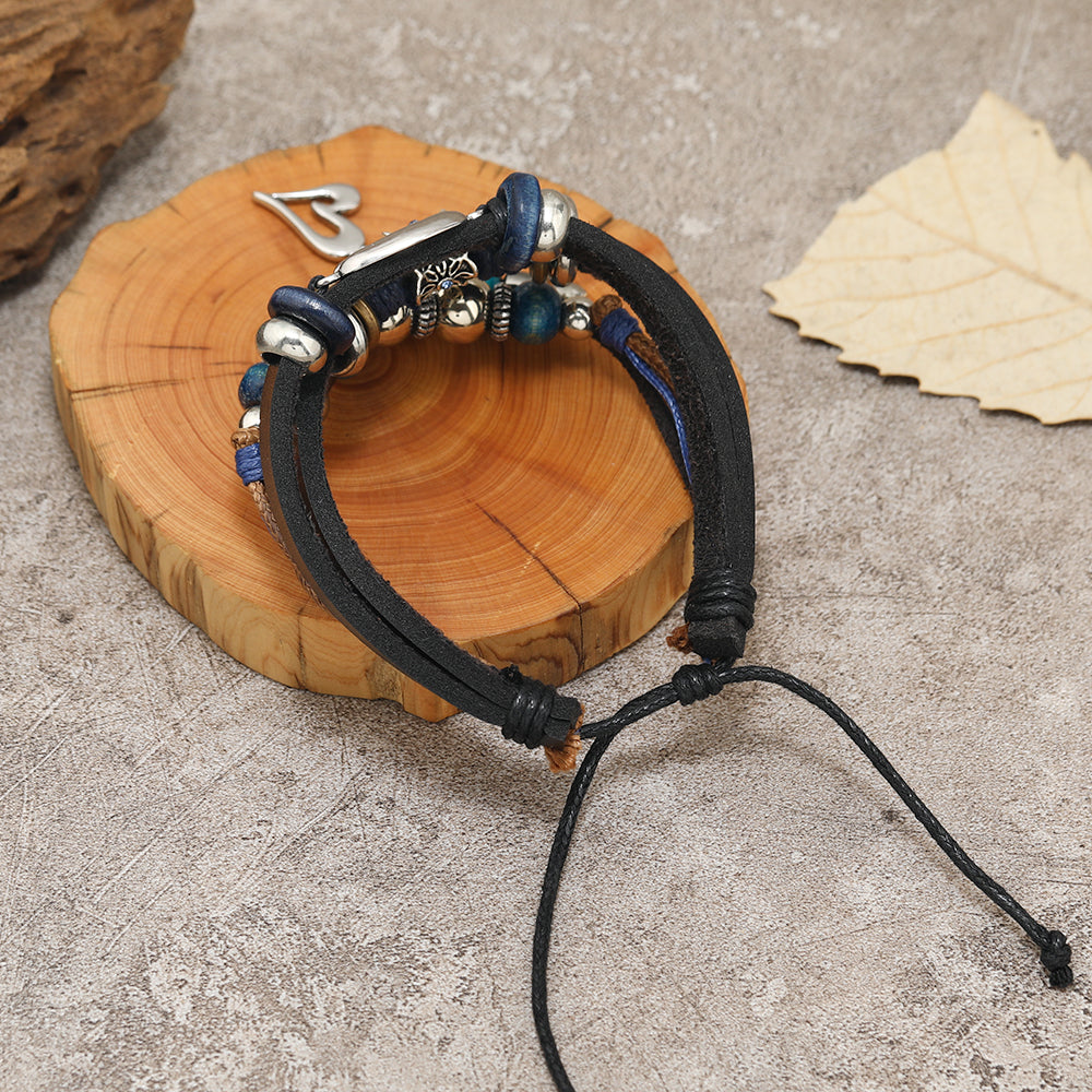 Casual Heart Shape Pu Leather Alloy Wooden Beads Beaded Knitting Men's Drawstring Bracelets