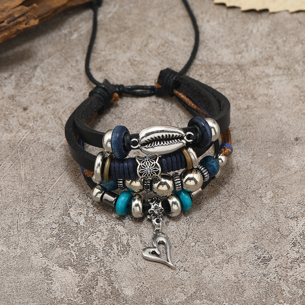 Casual Heart Shape Pu Leather Alloy Wooden Beads Beaded Knitting Men's Drawstring Bracelets