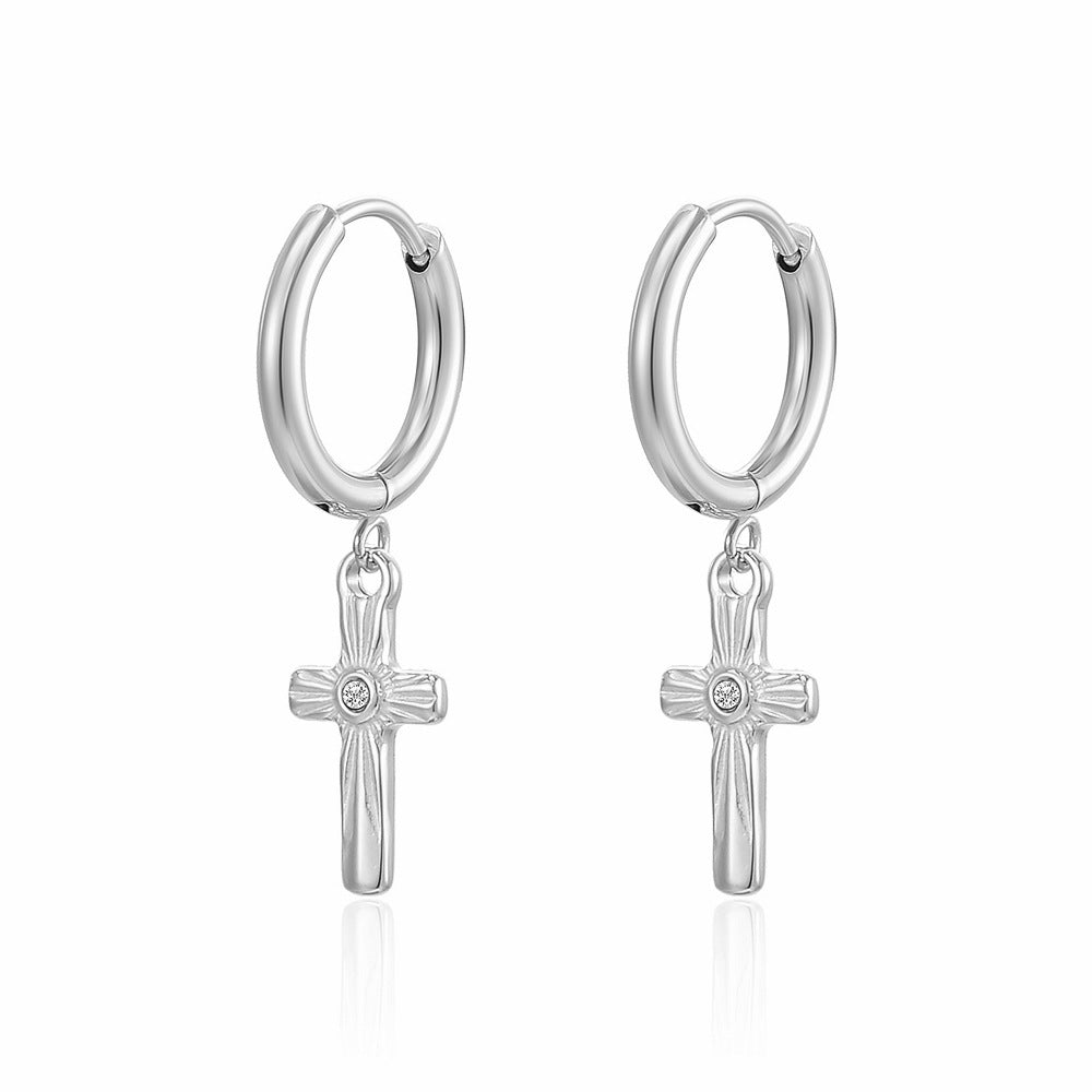 1 Pair Simple Style Cross Inlay Titanium Steel Rhinestones Drop Earrings