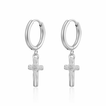 1 Pair Simple Style Cross Inlay Titanium Steel Rhinestones Drop Earrings