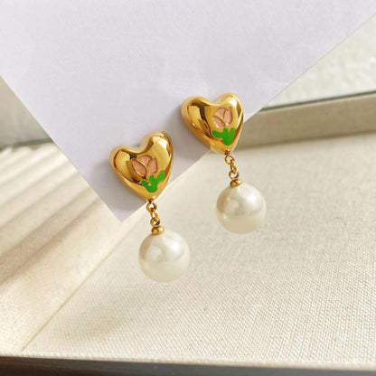 1 Pair Lady Sweet Heart Shape Plating Stainless Steel Drop Earrings