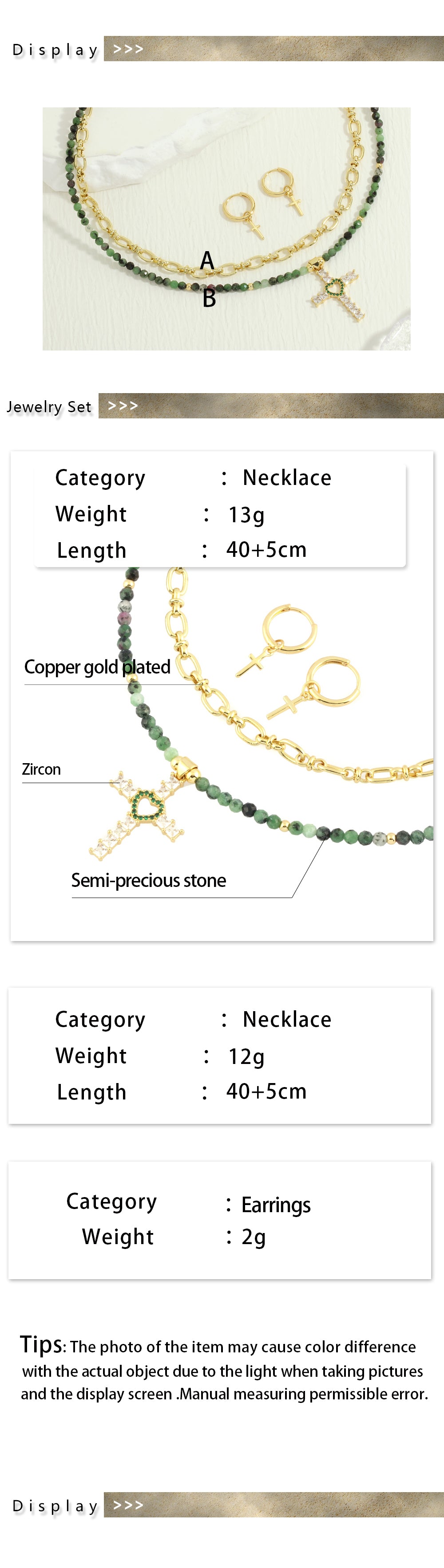 Bohemian Beach Cross Stone Copper Beaded Plating Inlay Zircon 18k Gold Plated Women's Jewelry Set