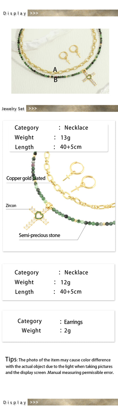 Bohemian Beach Cross Stone Copper Beaded Plating Inlay Zircon 18k Gold Plated Women's Jewelry Set