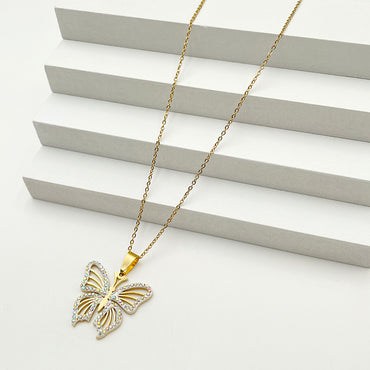 Wholesale Casual Streetwear Butterfly Stainless Steel Plating Inlay Gold Plated Zircon Pendant Necklace