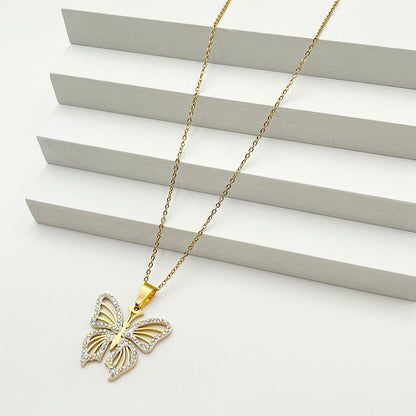 Wholesale Casual Streetwear Butterfly Stainless Steel Plating Inlay Gold Plated Zircon Pendant Necklace