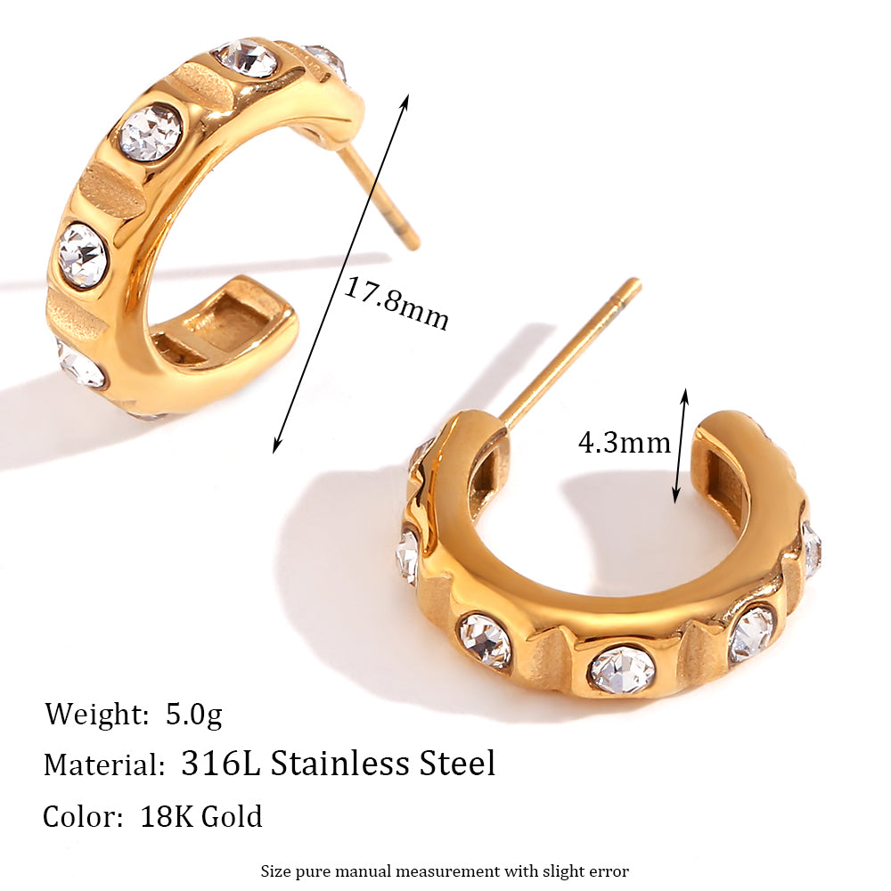 1 Pair Retro Streetwear C Shape Plating Inlay Stainless Steel Zircon 18k Gold Plated Ear Studs