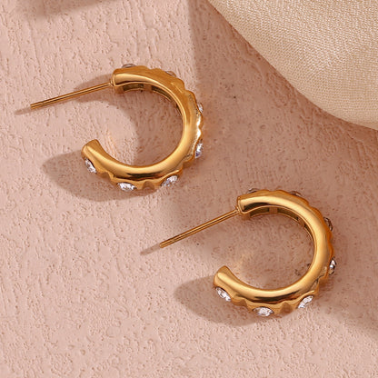 1 Pair Retro Streetwear C Shape Plating Inlay Stainless Steel Zircon 18k Gold Plated Ear Studs