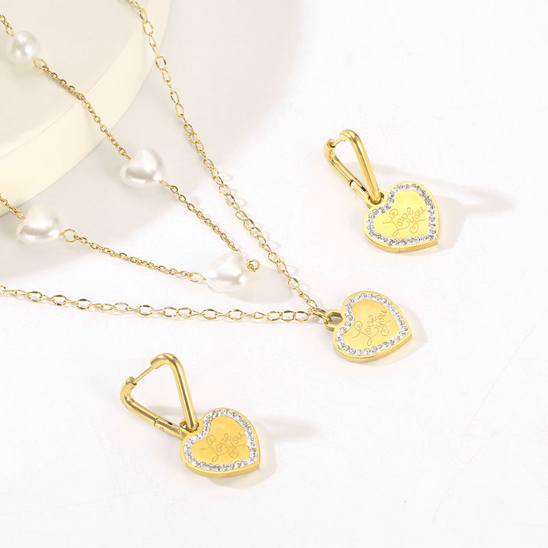 Simple Style Classic Style Heart Shape Titanium Steel Inlay Rhinestones Earrings Necklace