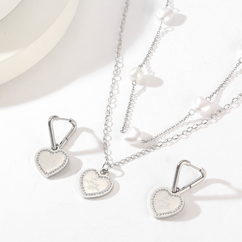 Simple Style Classic Style Heart Shape Titanium Steel Inlay Rhinestones Earrings Necklace