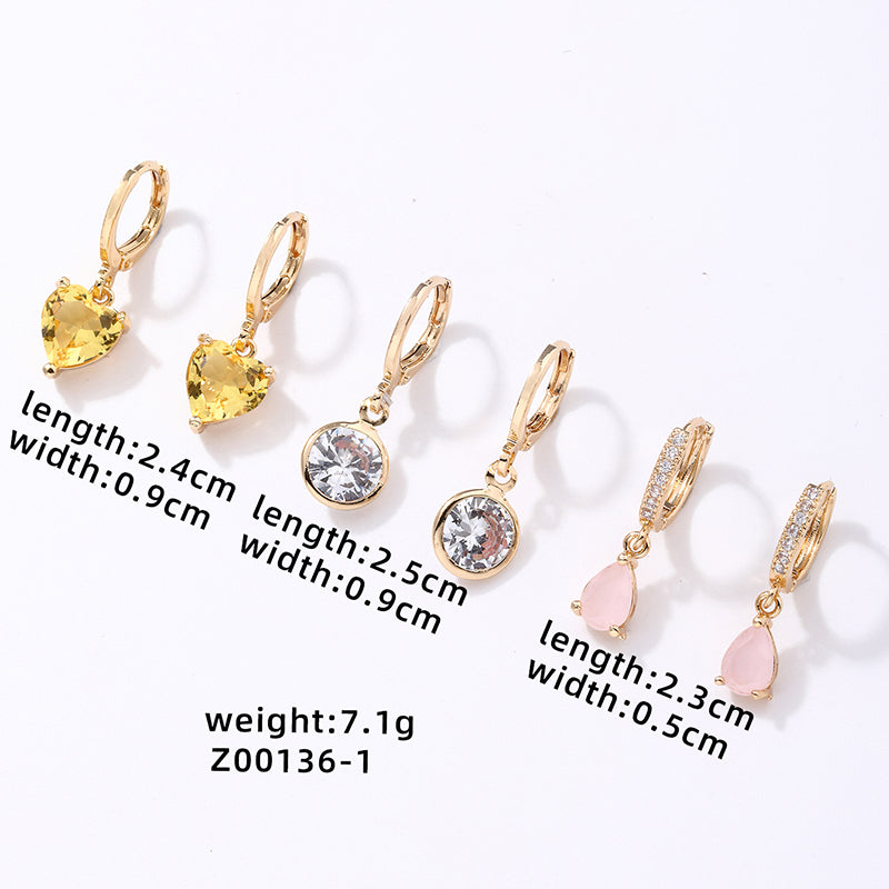 Simple Style Round Heart Shape Copper Plating Inlay Zircon Gold Plated Drop Earrings