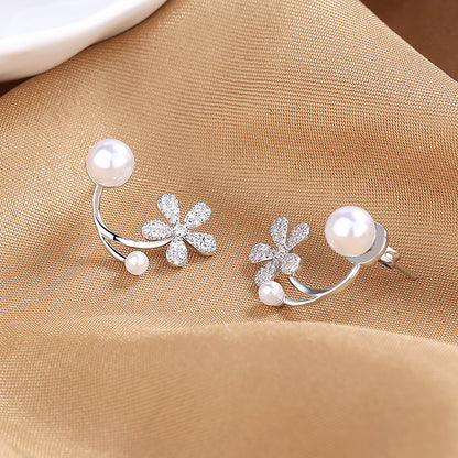 1 Pair Elegant Lady Shiny Petal Plating Inlay Sterling Silver Artificial Pearls Zircon Silver Plated Ear Studs