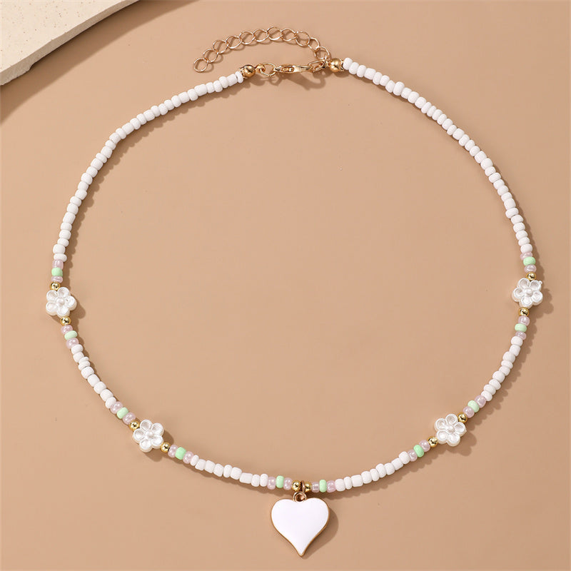 Sweet Heart Shape Flower Glass Seed Bead Beaded Women's Pendant Necklace