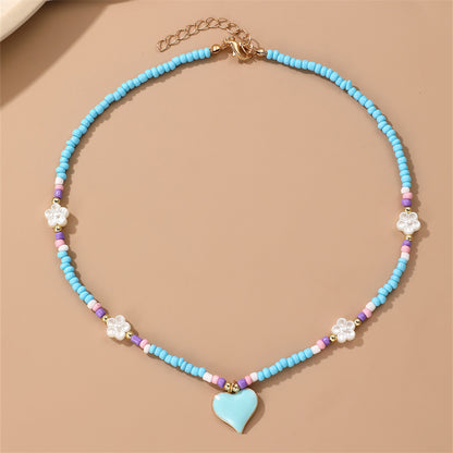 Sweet Heart Shape Flower Glass Seed Bead Beaded Women's Pendant Necklace