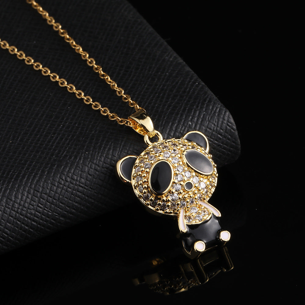Vintage Style Panda Copper Plating Inlay Zircon Gold Plated Pendant Necklace