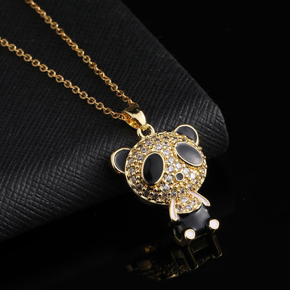 Vintage Style Panda Copper Plating Inlay Zircon Gold Plated Pendant Necklace