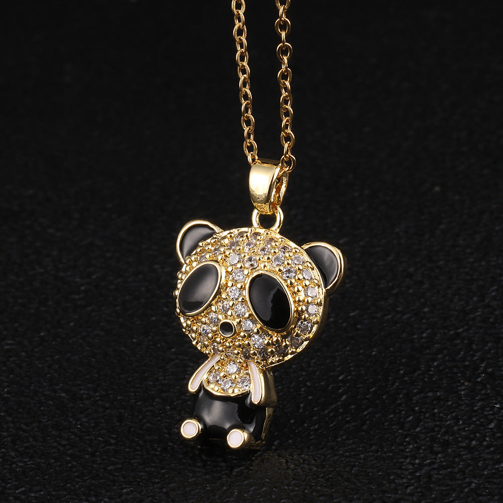 Vintage Style Panda Copper Plating Inlay Zircon Gold Plated Pendant Necklace