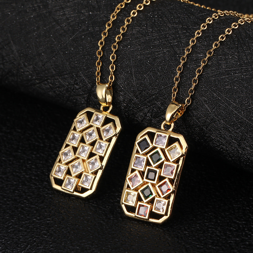 Vintage Style Geometric Square Rhombus Copper Plating Inlay Zircon Gold Plated Pendant Necklace