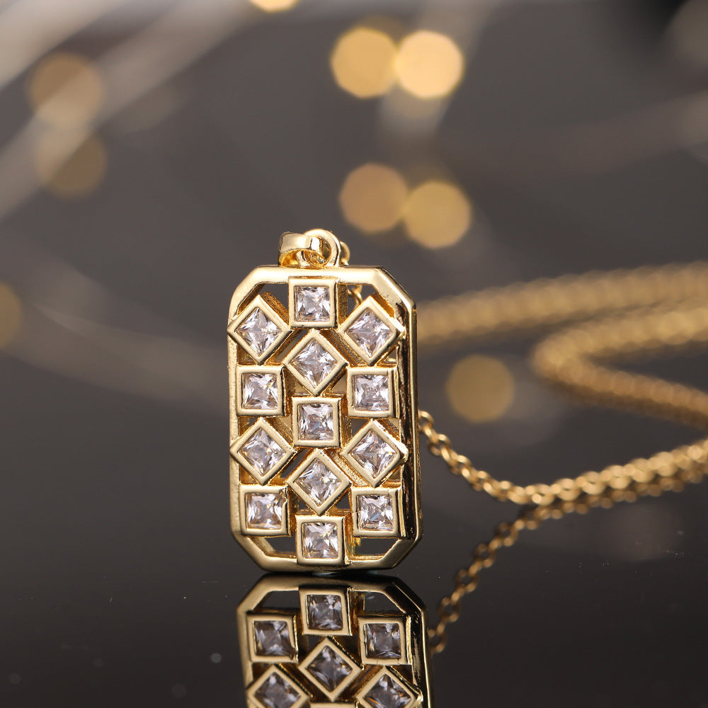 Vintage Style Geometric Square Rhombus Copper Plating Inlay Zircon Gold Plated Pendant Necklace