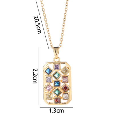 Vintage Style Geometric Square Rhombus Copper Plating Inlay Zircon Gold Plated Pendant Necklace