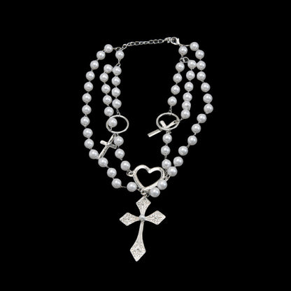 Vintage Style Cross Silver Plated Rhinestones Alloy Wholesale Layered Necklaces