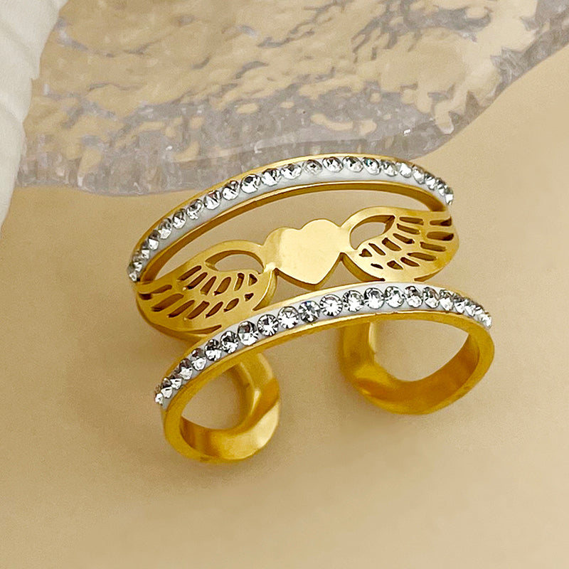 Elegant Heart Shape Wings Stainless Steel Plating Inlay Zircon Gold Plated Open Rings