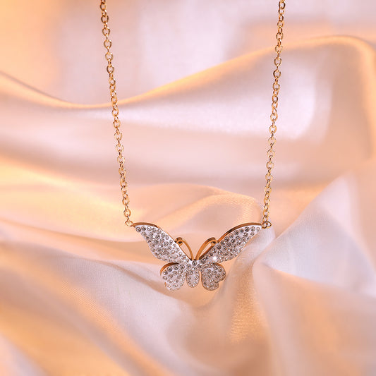 Wholesale Simple Style Butterfly Titanium Steel Plating Inlay 18k Gold Plated Zircon Pendant Necklace