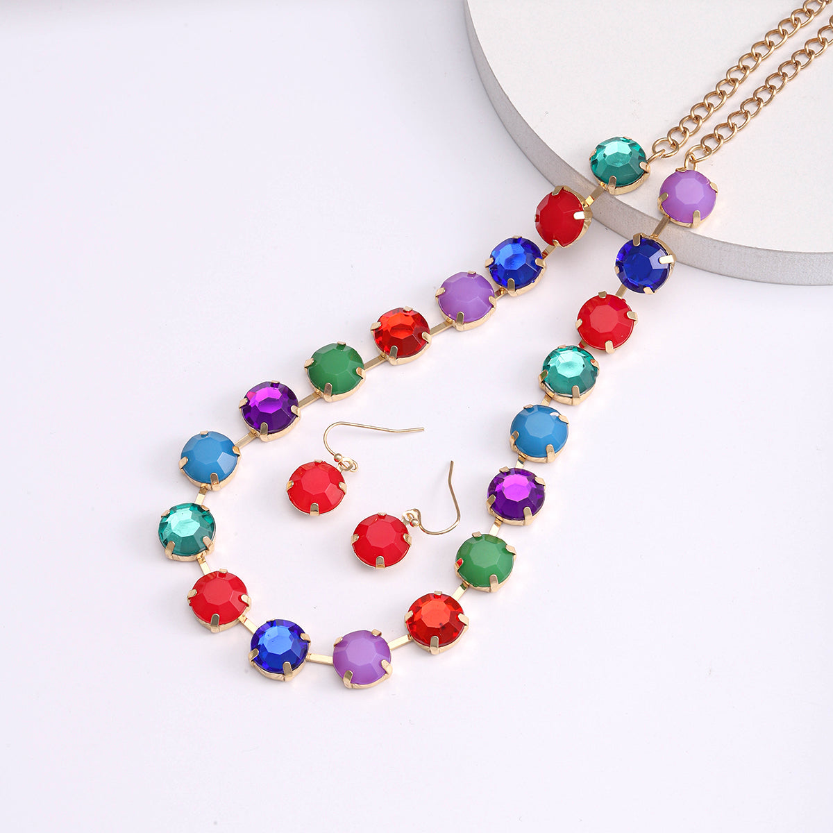 Elegant Nordic Style Glam Round Artificial Gemstones Inlay Artificial Gemstones Gold Plated Women's Earrings Necklace