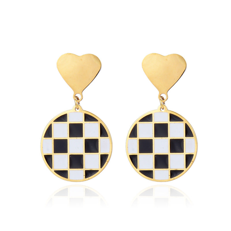 Vintage Style Heart Shape Checkered Stainless Steel Plating Jewelry Set