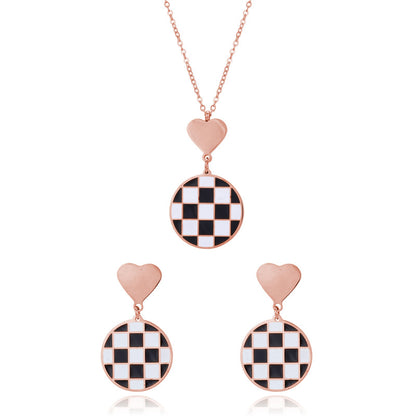 Vintage Style Heart Shape Checkered Stainless Steel Plating Jewelry Set