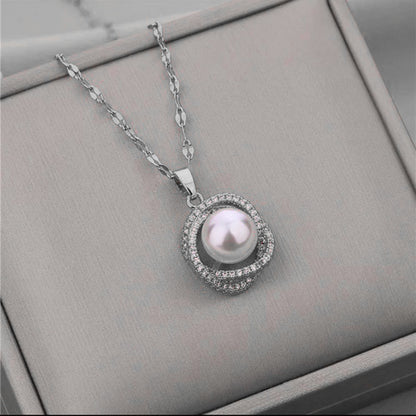 Wholesale Elegant Round Titanium Steel Artificial Pearls Zircon Rings Necklace