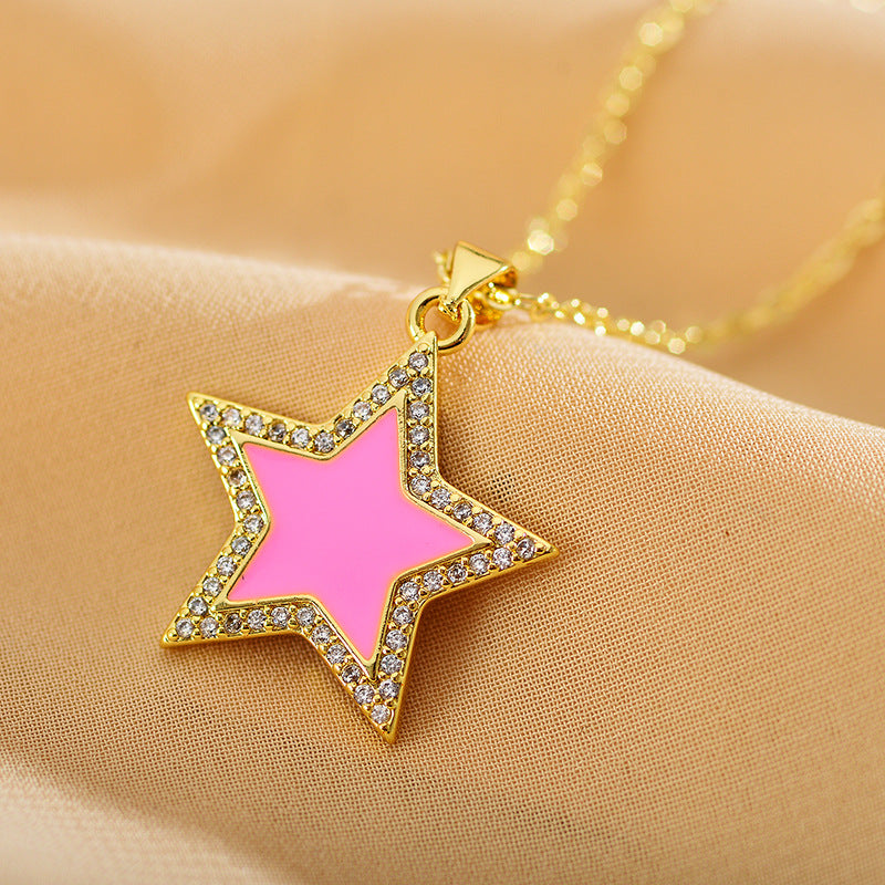 Sweet Star Copper Enamel Plating Inlay Rhinestones Pendant Necklace