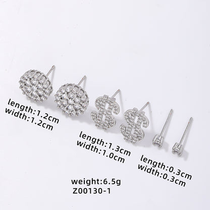 3 Pairs Vintage Style Simple Style Round Dollar Plating Inlay Copper Zircon White Gold Plated Ear Studs