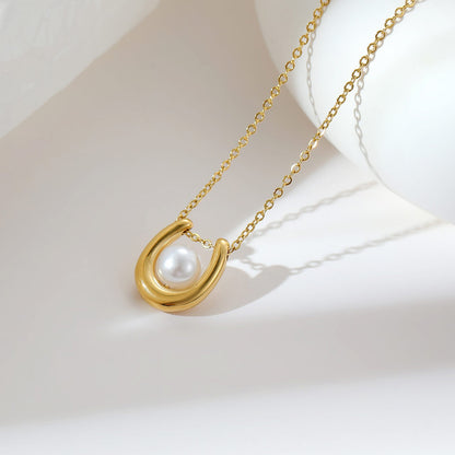 Simple Style Geometric Stainless Steel Inlay Pearl White Gold Plated Gold Plated Pendant Necklace