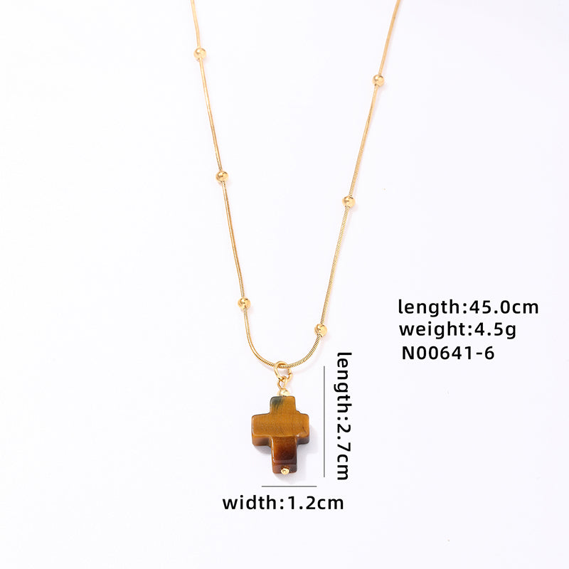 Wholesale Simple Style Classic Style Cross Stainless Steel Natural Stone Plating Chain Gold Plated Pendant Necklace