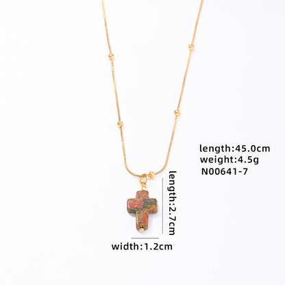 Wholesale Simple Style Classic Style Cross Stainless Steel Natural Stone Plating Chain Gold Plated Pendant Necklace