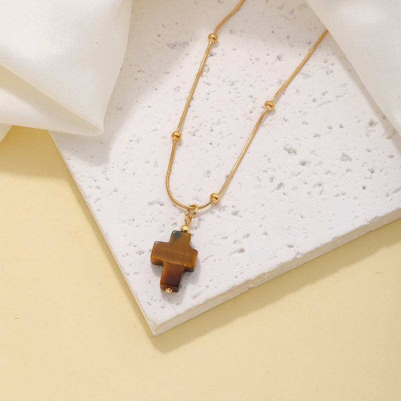 Wholesale Simple Style Classic Style Cross Stainless Steel Natural Stone Plating Chain Gold Plated Pendant Necklace