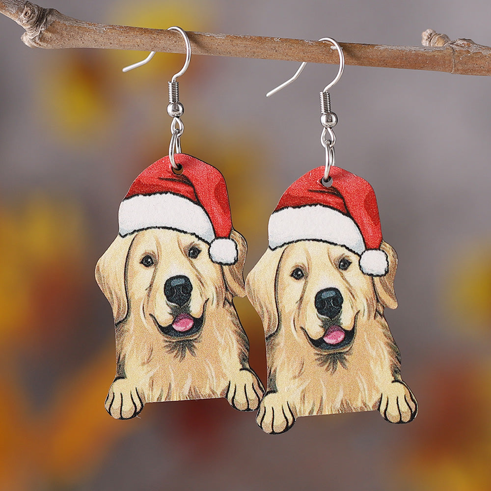 1 Pair Retro Christmas Hat Dog Wood Drop Earrings