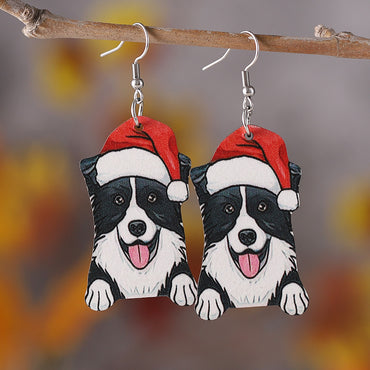 1 Pair Retro Christmas Hat Dog Wood Drop Earrings
